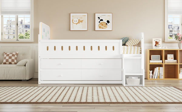 English Elm Wooden Full Bed Frame with Led Headboard Four Storage Drawers and Ladder Shelf White N7090004028K
