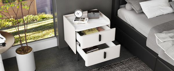 English Elm Nightstand with Marble-Pattern Top and Raised Guard, 2 Drawers for Organized Stylish Bedroom Decor White 23.4 L x 18.5 W x 9.06 H N733P332142K