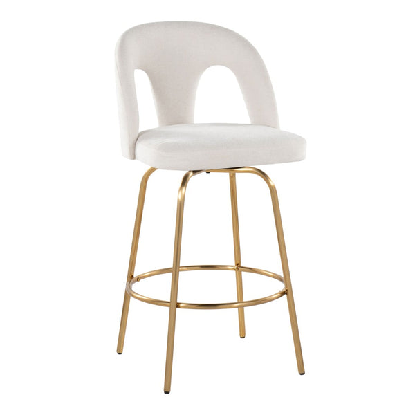 English Elm Fixed-height Swivel Counterstools with White Upholstery Gold Footrest Set of 2 B202S01782