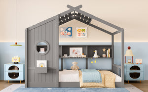 English Elm Twin House Floor Bed for Kids Montessori Playhouse with Roof, Built-In Shelf, Sturdy Pine Frame, Safeologna Gray 78.6 L x 16.6 W x 6.85 H N733P335064E