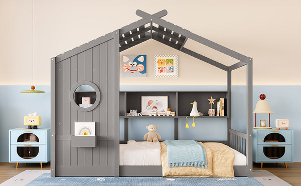 English Elm Twin House Floor Bed for Kids Montessori Playhouse with Roof, Built-In Shelf, Sturdy Pine Frame, Safeologna Gray 78.6 L x 16.6 W x 6.85 H N733P335064E