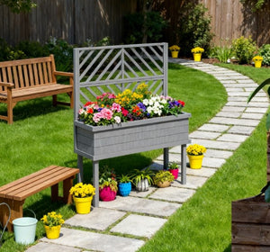 English Elm Self-draining Elevated Fir Wood Planter with Lattice Trellis for Backyard Gardens T3971P422349