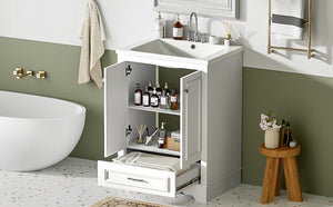 English Elm 24'' Bathroom Vanity with Ceramic Sink Combo Modern Freestanding MDF Cabinet with Soft-Close Doors and Sleek Silver Handles for Spacious Organized Bathroom Storage White N710P194893K