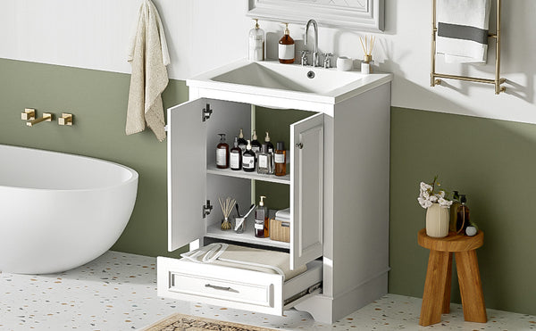 English Elm 24'' Bathroom Vanity with Ceramic Sink Combo Modern Freestanding MDF Cabinet with Soft-Close Doors and Sleek Silver Handles for Spacious Organized Bathroom Storage White N710P194893K