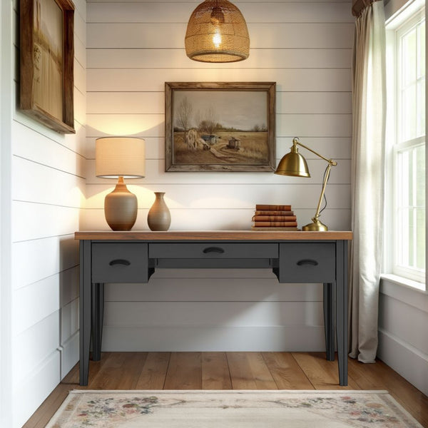 English Elm 53 Inch Writing Desk Fully Assembled Two-Tone Black & Whiskey Farmhouse Office Desk with Drawers, Rustic Charm - Ready to Use B108P160151