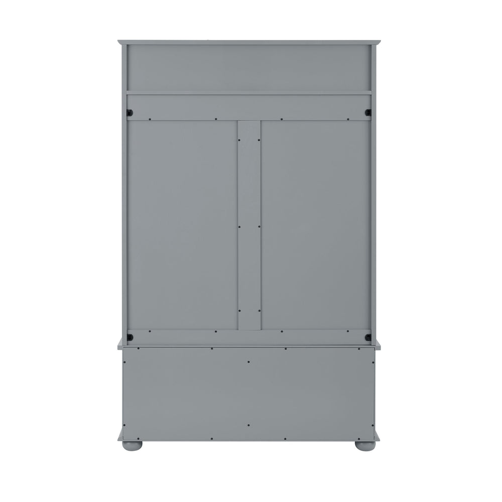 English Elm Clothes Hall Tree Storage Bench with Adjustable Shelves, Sliding Doors, Solid Poplar Feet & Shoe Bench Gray W2275P210041