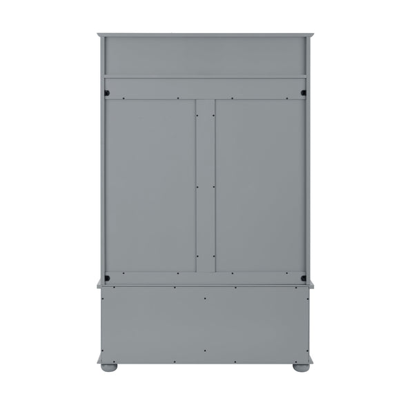 English Elm Clothes Hall Tree Storage Bench with Adjustable Shelves, Sliding Doors, Solid Poplar Feet & Shoe Bench Gray W2275P210041