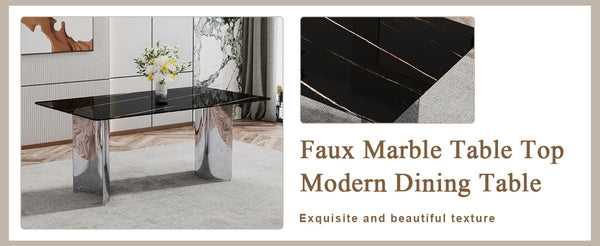 English Elm Table Set With 8 Modern White Pu Chairs - Sleek Imitation Marble Top & Durable Stainless Steel Legs W1151S04189-GIGA