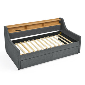 English Elm Twin Size Upholstery Sofa Bed With Led Lights & Storage Drawers, Wireless Charging, Grey Linen Design W1413S00055-GIGA