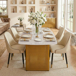 English Elm Modern Marble Glass Dining Table Gold Dual Pedestal Base Seats Eight Elegant W5123P397494