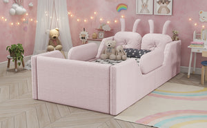 English Elm Twin Kids Platform Bed Teddy Fabric Upholstered with Bunny Cushions and Safety Rails Pink W2593P395807