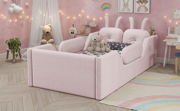 English Elm Twin Kids Platform Bed Teddy Fabric Upholstered with Bunny Cushions and Safety Rails Pink W2593P395807