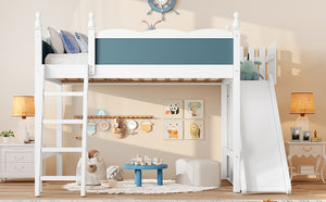 English Elm Full Loft Bed With Slide, Storage Shelves & Cabinet - Solid Wood Design For Fun & Organization! W1580S00246