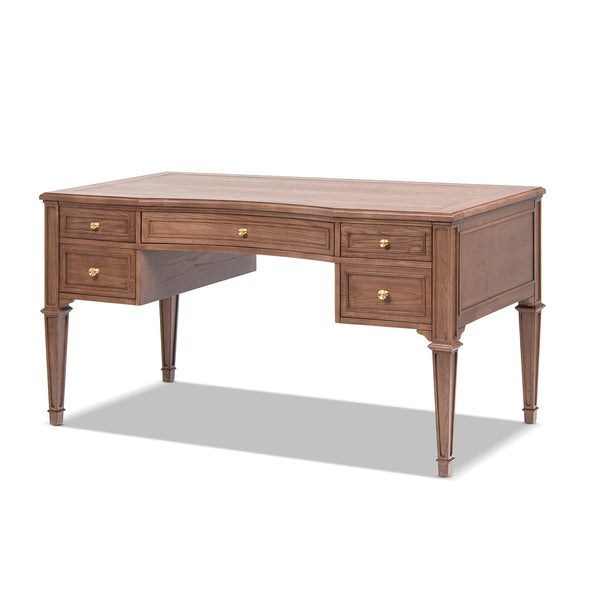 English Elm Jennifer Taylor Home - Dauphin Elegant Gold-Trim 5-Drawer Executive Desk in Ash Wood Veneer with Soft-Close Storage Appeal Brown B2719P408078