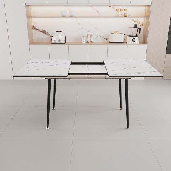 English Elm 47"-63" Extendable Marble Print Dining Set Four Suede Chairs Modern White Mdf Table W2189S00929