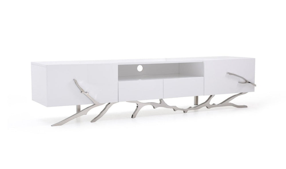 VIG Furniture Legend Glossy White 87" Tv Stand With Stainless-Steel Twig Base, Soft-Close Drawers & Cable Management VGVCTV8111-22