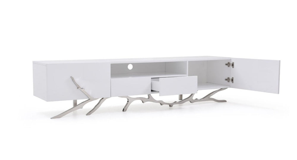 VIG Furniture Legend Glossy White 87" Tv Stand With Stainless-Steel Twig Base, Soft-Close Drawers & Cable Management VGVCTV8111-22