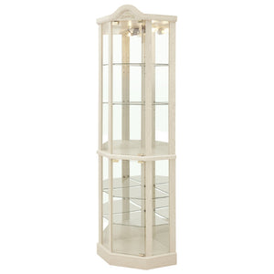 English Elm Glass Corner Curio Cabinet Lighted Dark Wood Display with Carved Crown Floral Detail White W2275P292644