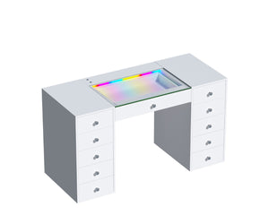 English Elm Vanity Desk Hollywood Mirror 18 Led Bulbs Rgb Strip Bluetooth Speakers 11 Drawers W3660S00003