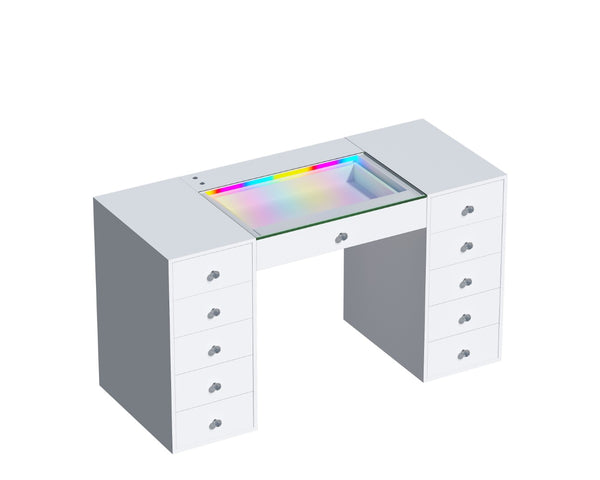 English Elm Vanity Desk Hollywood Mirror 18 Led Bulbs Rgb Strip Bluetooth Speakers 11 Drawers W3660S00003