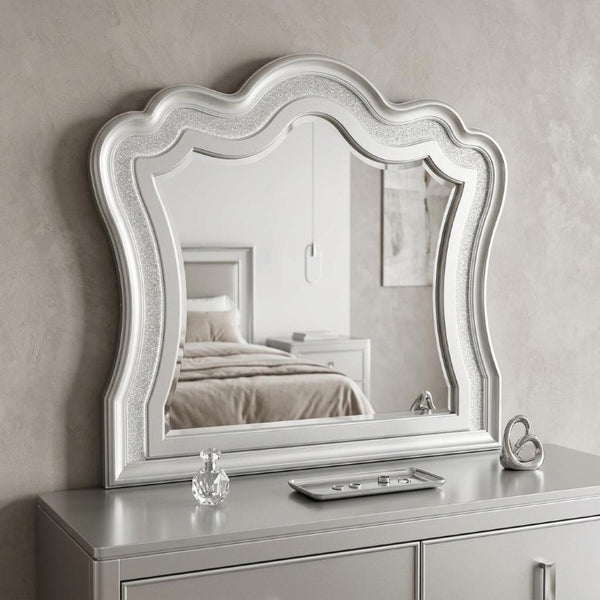 42 Inch Silver Wooden Vanity Mirror with Crown Molding and Integrated Lighting Accent