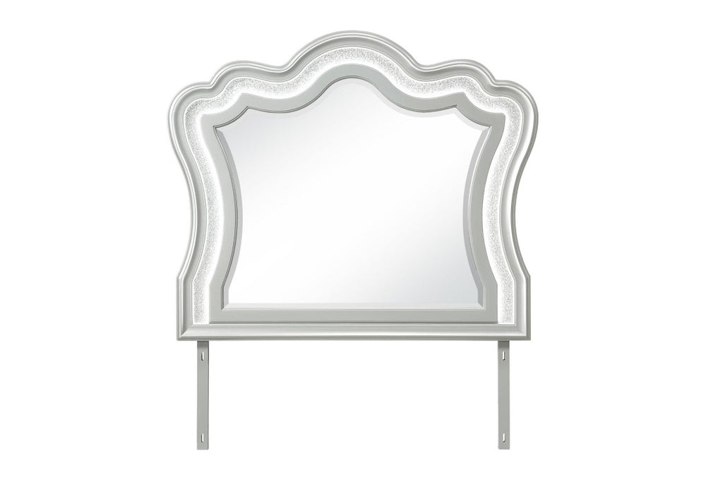 HomeRoots 42 Inch Silver Wooden Vanity Mirror with Crown Molding and Integrated Lighting Accent 766537
