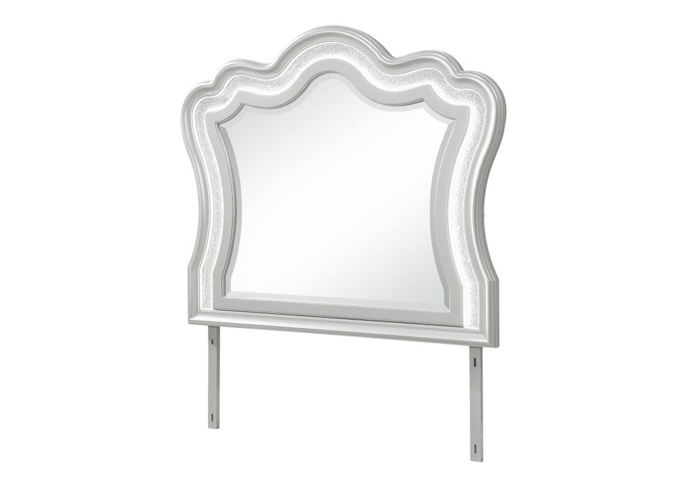 HomeRoots 42 Inch Silver Wooden Vanity Mirror with Crown Molding and Integrated Lighting Accent 766537