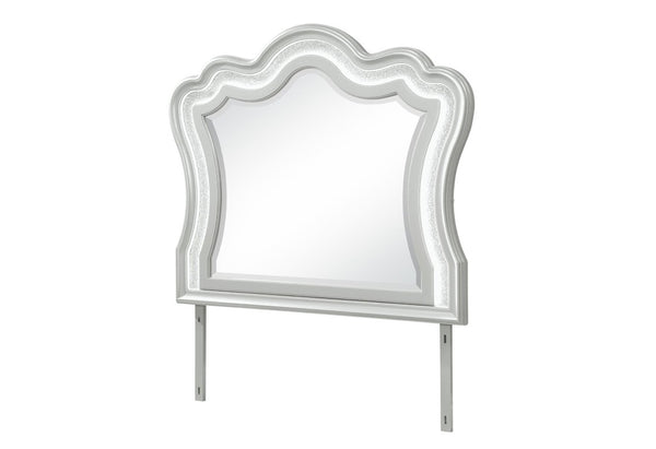 42 Inch Silver Wooden Vanity Mirror with Crown Molding and Integrated Lighting Accent