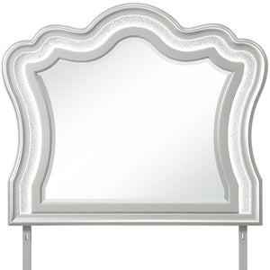 42 Inch Silver Wooden Vanity Mirror with Crown Molding and Integrated Lighting Accent