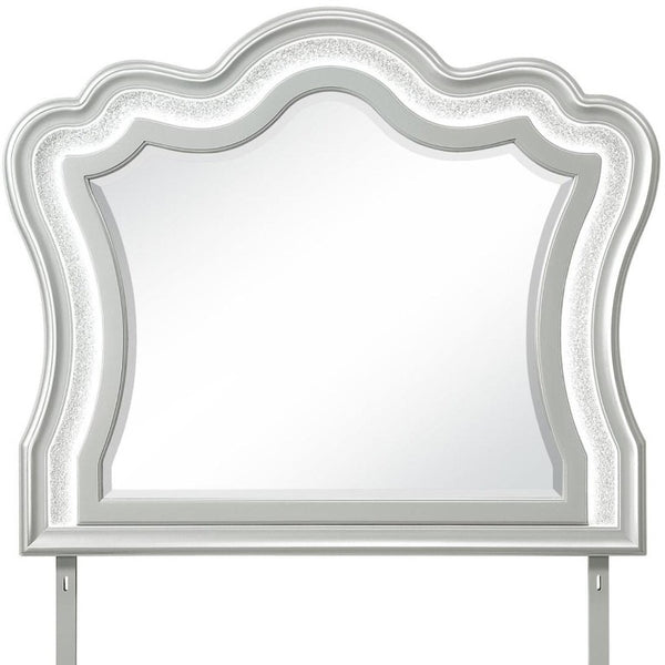 42 Inch Silver Wooden Vanity Mirror with Crown Molding and Integrated Lighting Accent