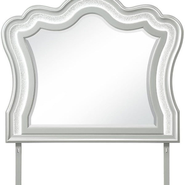 42 Inch Silver Wooden Vanity Mirror with Crown Molding and Integrated Lighting Accent