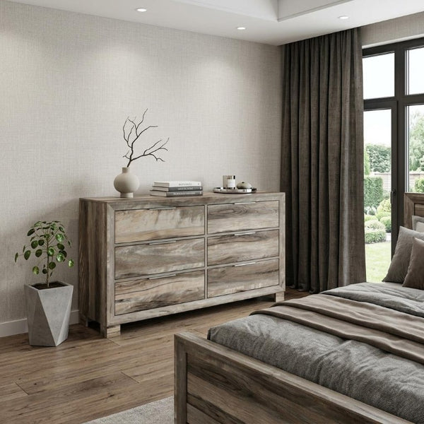 59 Inch Wide Six Drawer Solid Wood Double Dresser for Spacious Bedroom Storage and Organization