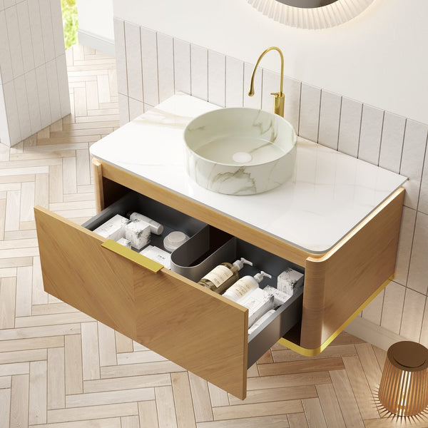 English Elm Dipa 36" Modern Floating Bathroom Vanity & Vessel Sink With Gold Accents, Soft-Close Drawer & Led Light W2615S00487