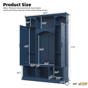 English Elm On-trend Farmhouse Hall Tree with Dual Cabinets Seven Hooks and Arched Entryway Storage Blue N721S000078C