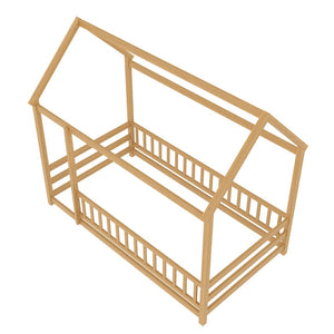 English Elm Twin Pine House Frame Floor Bed with Peaked Roof and Fence Guardrails for Kids Natural W1858P389939