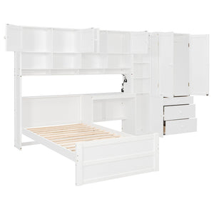 English Elm Wooden Twin Loft Bed with Built-in Desk Wardrobe Storage Drawers and Led Lighting N820S00069K