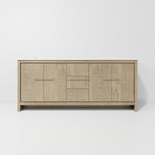 English Elm Rustic Acacia Double Bath Vanity 80 In. W X 20 In. D, White Quartz Top & Soft-Close Storage Solutions B2731P259229-GIGA