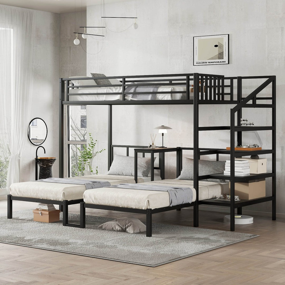 English Elm Twin Bunk Beds For 3 With Desk & Shelves, Space-Saving Metal Triple Bunk Bed, Noise Reduction, Black W1580S00116-GIGA