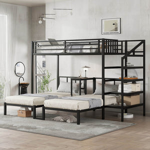 English Elm Twin Bunk Beds For 3 With Desk & Shelves, Space-Saving Metal Triple Bunk Bed, Noise Reduction, Black W1580S00116-GIGA