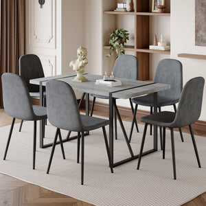 English Elm Table Set - Retro Minimalist Rectangular Dining Table With 6 Soft Chairs, Textured Top & Metal Legs W1151S03837-GIGA
