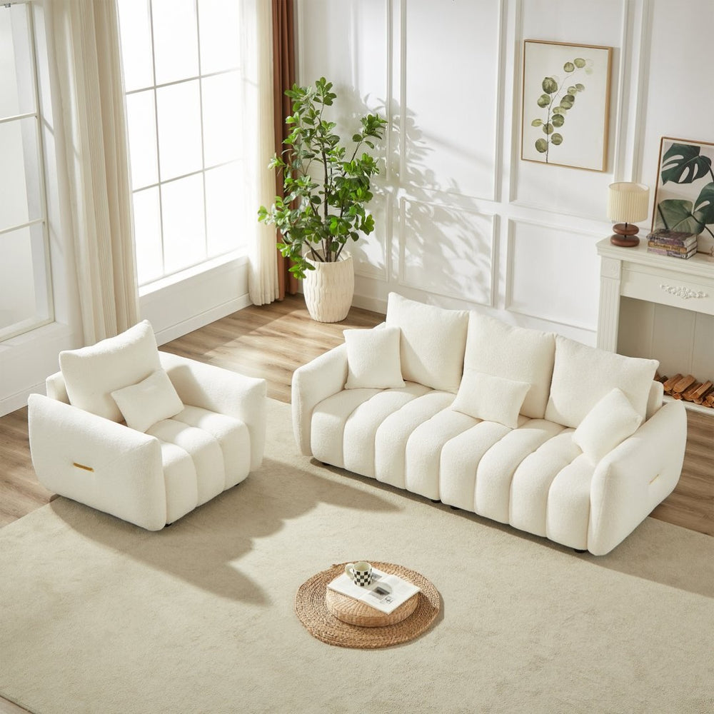 English Elm 3 Plus 1 Seater Teddy Fleece Sofa Set Wooden Frame Foam Spring Living Room Pair Beige W1193S00189