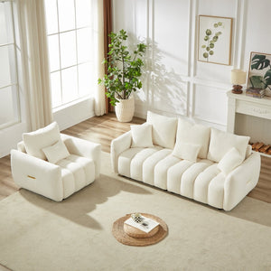 English Elm 3 Plus 1 Seater Teddy Fleece Sofa Set Wooden Frame Foam Spring Living Room Pair Beige W1193S00189