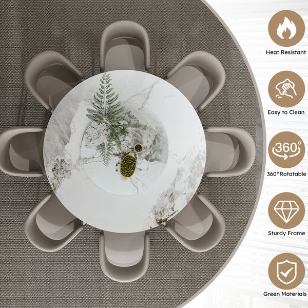 English Elm 59" Round 9-Piece Dining Set - Elegant Faux Marble Table With Rotating Tray & 8 Luxe Pu Leather Chairs W2700S00037