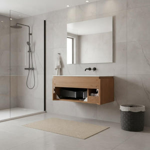 30 Inch Floating Bathroom Vanity Single Door Brown Wood Wall Mounted Storage