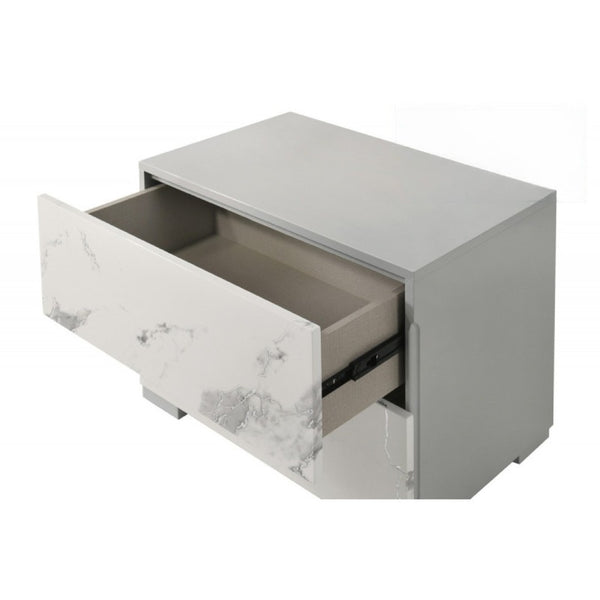 English Elm White/gray Lacquer Two Drawer Nightstand Marble Laminate Gloss Bedside Storage B011P496277