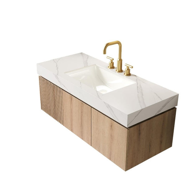 48 Inch Floating Bathroom Vanity in Brown Wood Finish with Integrated White Basin