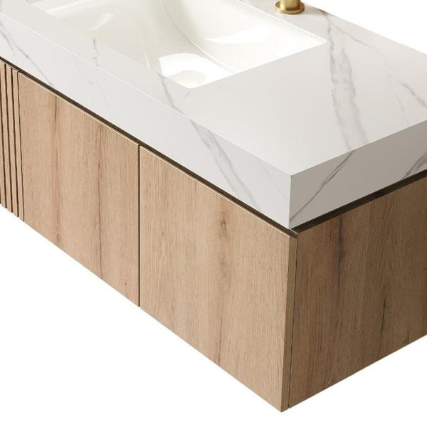 48 Inch Floating Bathroom Vanity in Brown Wood Finish with Integrated White Basin