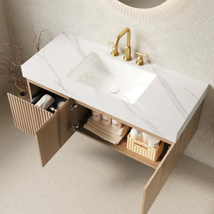 48 Inch Floating Bathroom Vanity in Brown Wood Finish with Integrated White Basin