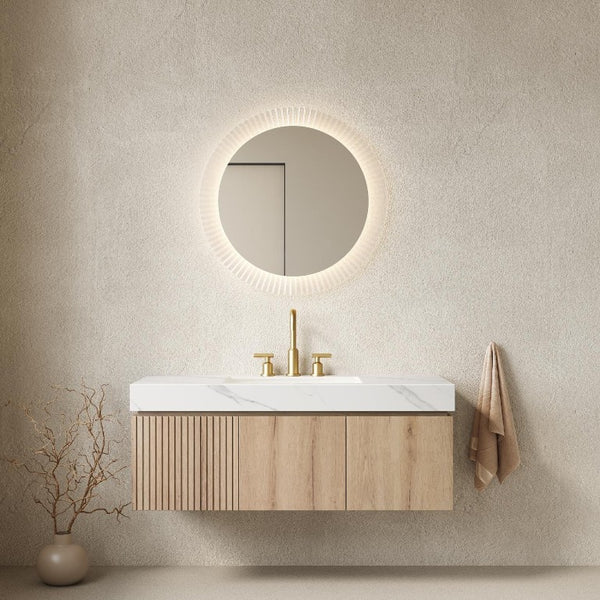 48 Inch Floating Bathroom Vanity in Brown Wood Finish with Integrated White Basin