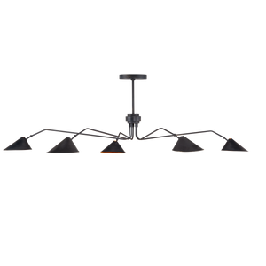 Serpa Black Chandelier: Vintage Mid-Century Modern Wrought Iron Fixture with Gold Leaf Shades, 5 Lights